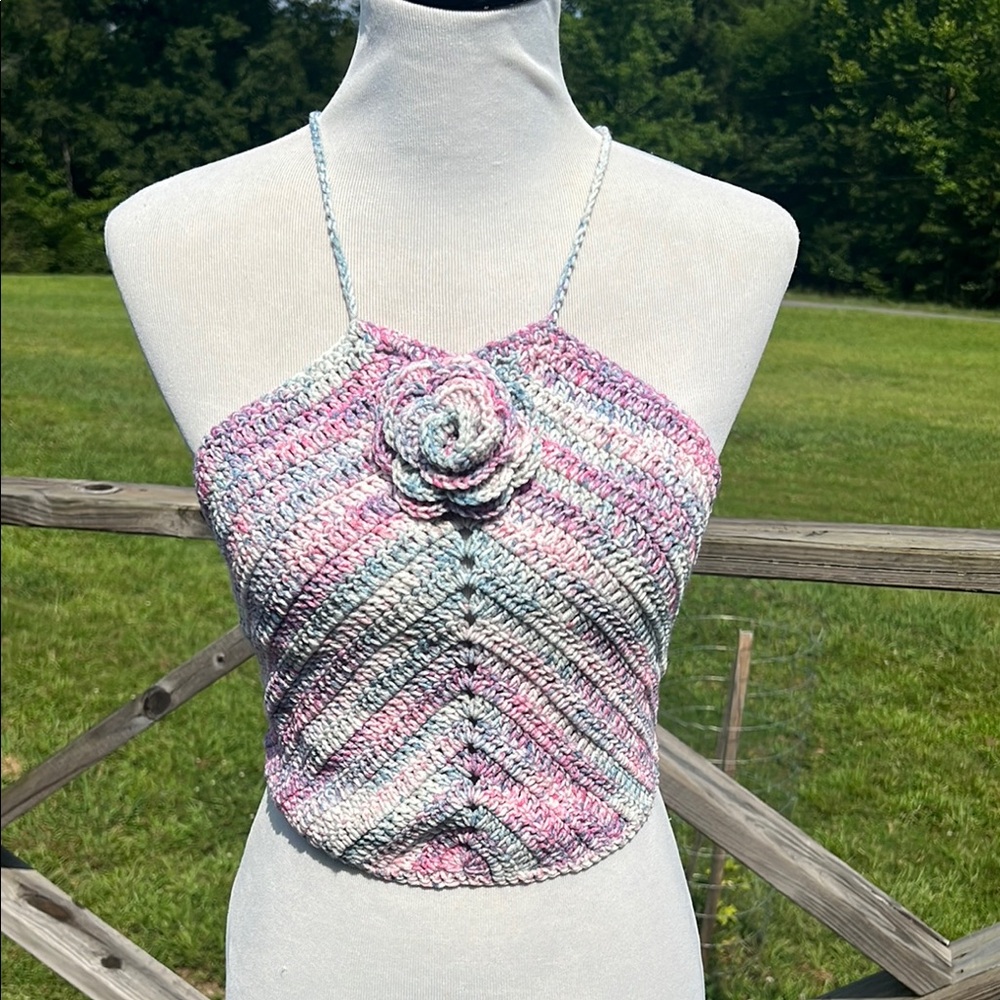Handmade Crochet Halter Top - Pink and Grey - Picture 2 of 6